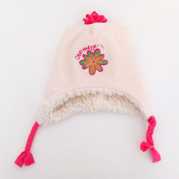 Girl's Obermeyer Fleece Cream Winter Snow Hat w/Pink Flower and Sherpa Interior - Picture 1 of 5